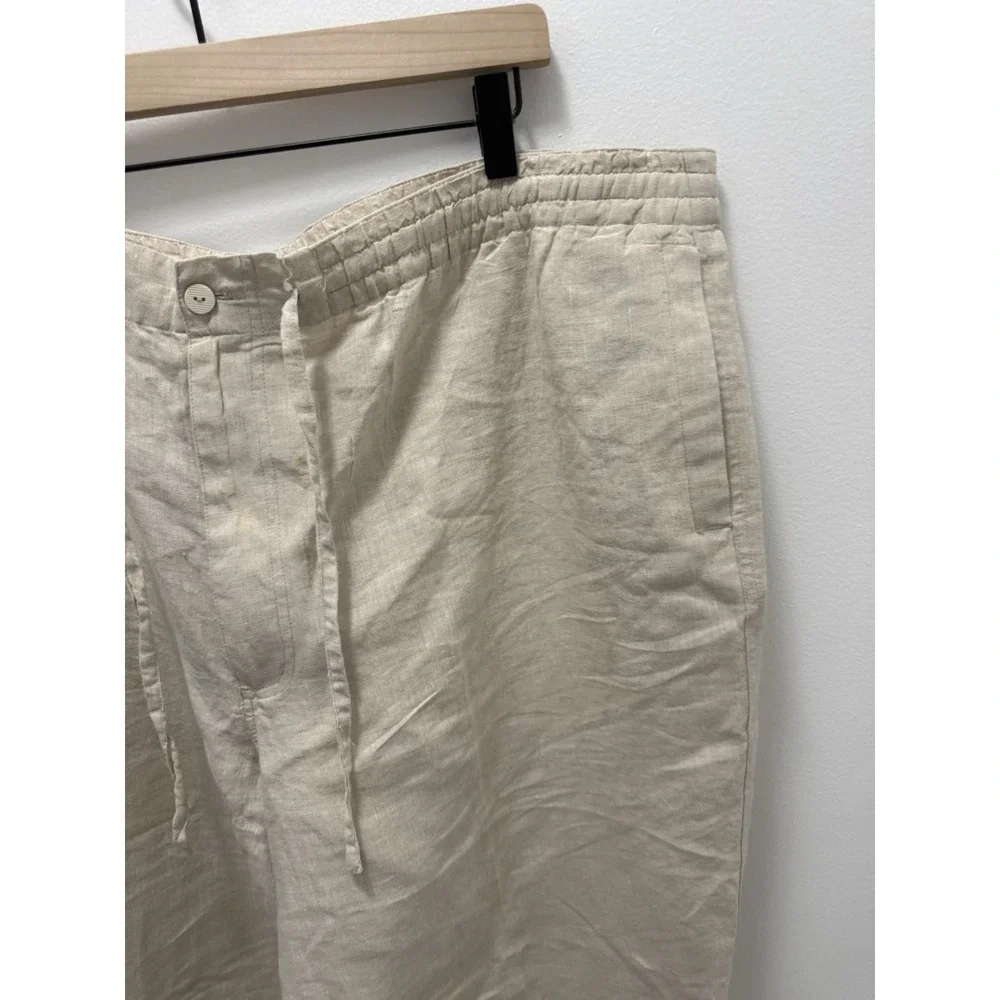 Baracuta‎ Men's XXL 100% Linen Drawstring Pants Beige Elastic Waist Straight Leg